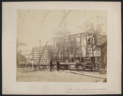 Side view of packing case and horse-drawn 'van' for transport of Raphael Cartoons from Hampton Court to South Kensington Museum