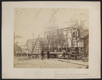 Side view of packing case and horse-drawn 'van' for transport of Raphael Cartoons from Hampton Court to South Kensington Museum