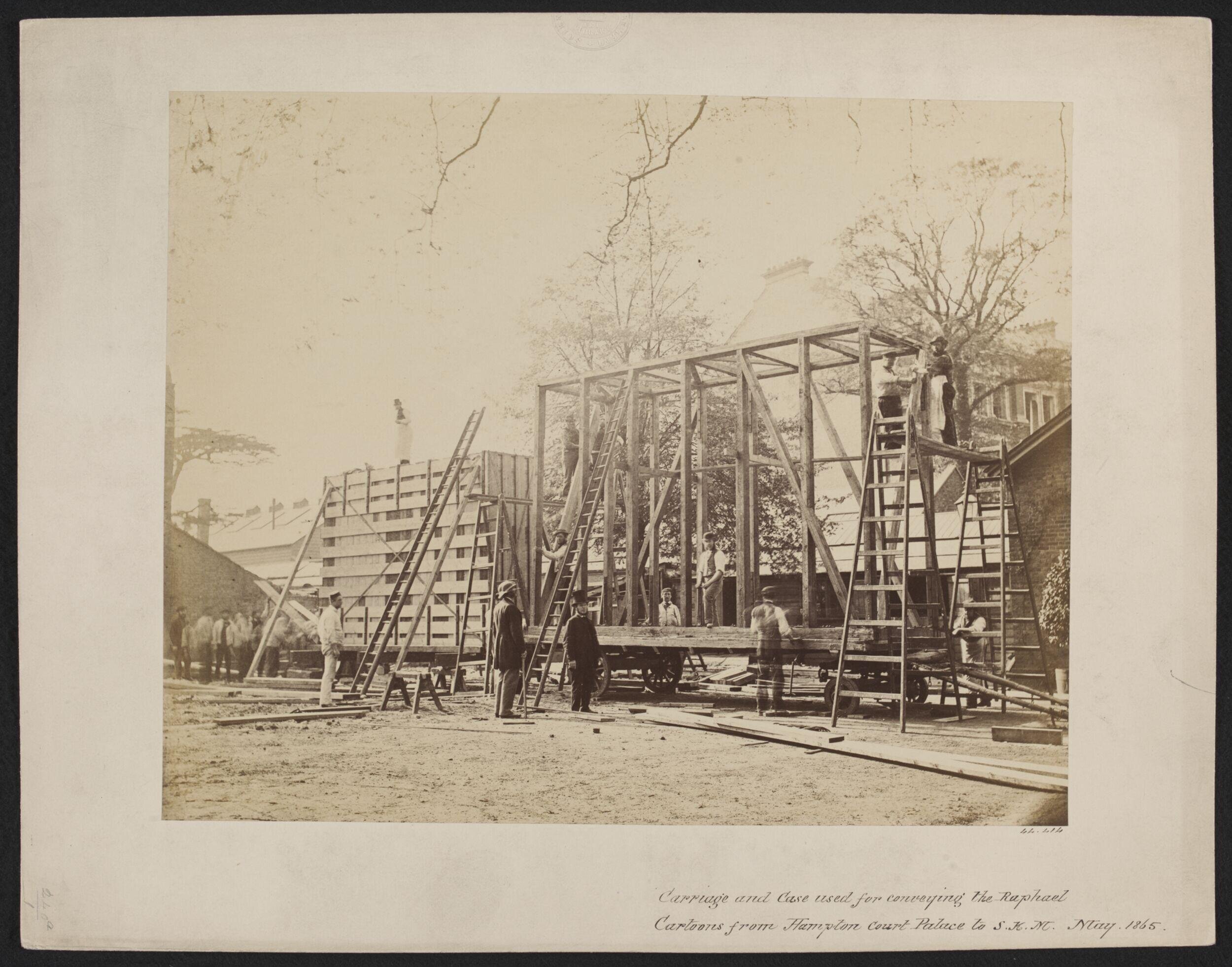 Side view of packing case and horse-drawn 'van' for transport of Raphael Cartoons from Hampton Court to South Kensington Museum