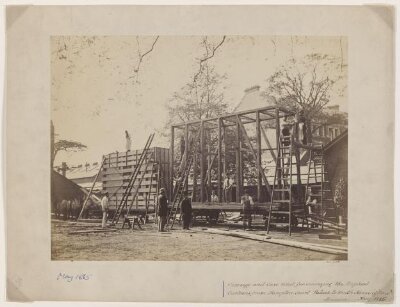View of packing case and horse-drawn 'van' for transport of Raphael Cartoons from Hampton Court to South Kensington Museum