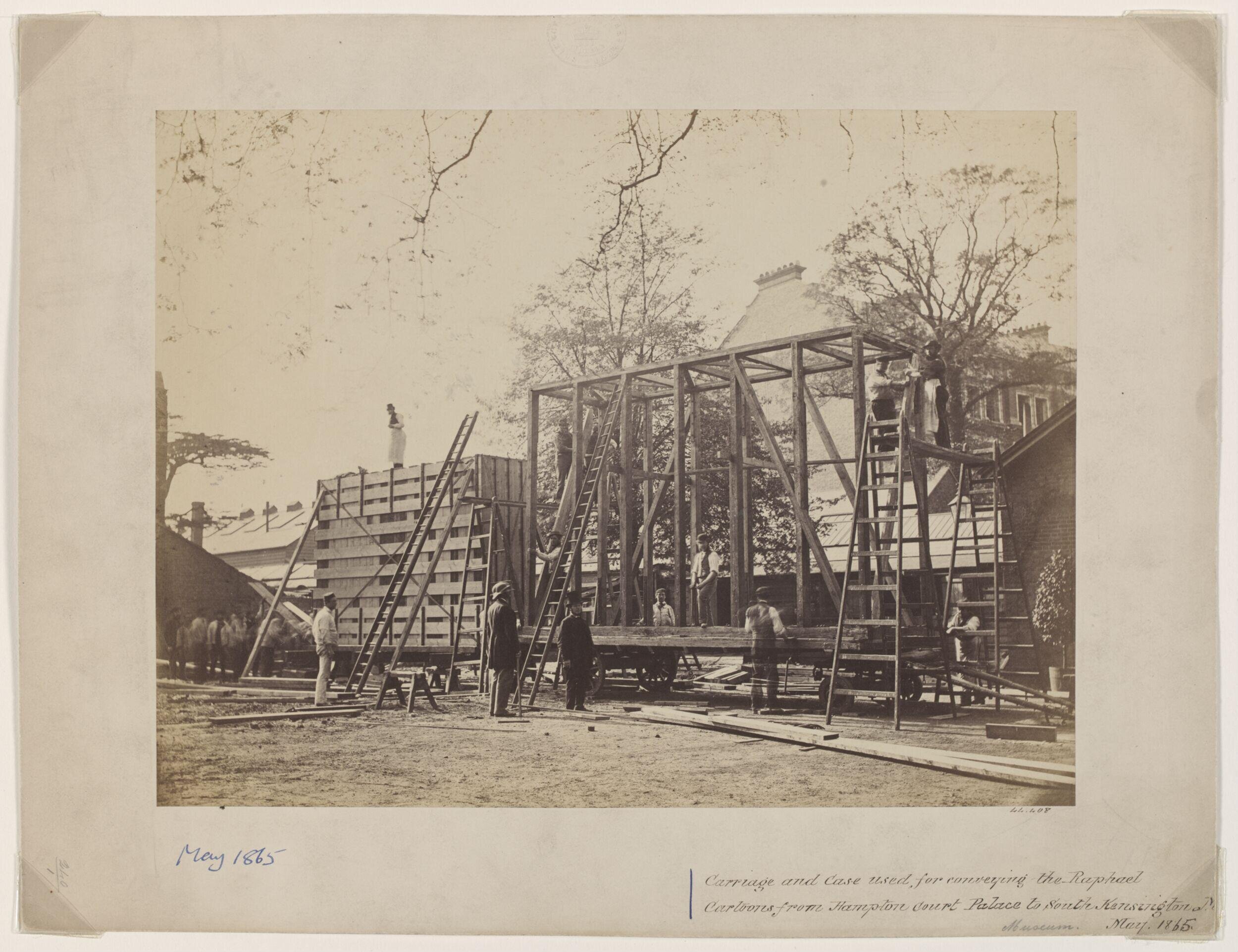 View of packing case and horse-drawn 'van' for transport of Raphael Cartoons from Hampton Court to South Kensington Museum