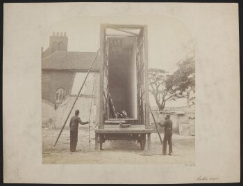 View of packing case and horse-drawn 'van' for transport of Raphael Cartoons from Hampton Court to South Kensington Museum