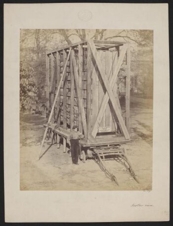 View of packing case and horse-drawn 'van' for transport of Raphael Cartoons from Hampton Court to South Kensington Museum