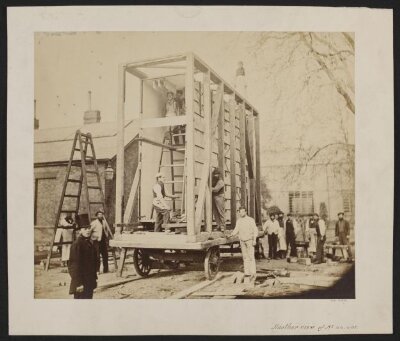 View of the construction of the packing case and horse-drawn 'van' for transport of Raphael Cartoons from Hampton Court to South Kensington Museum
