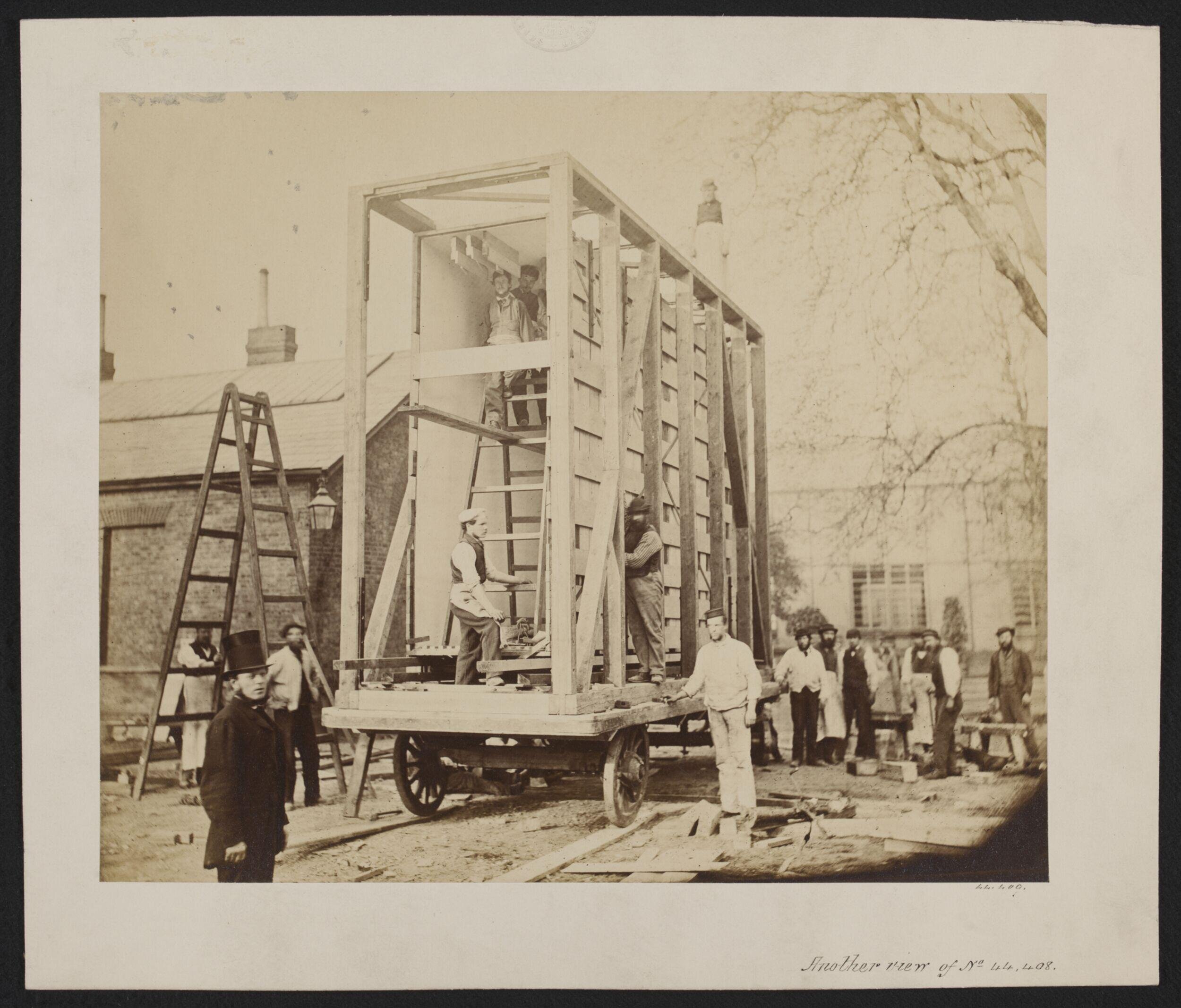 View of the construction of the packing case and horse-drawn 'van' for transport of Raphael Cartoons from Hampton Court to South Kensington Museum