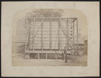 Side view of packing case and horse-drawn 'van'  for transport of Raphael Cartoons from Hampton Court to South Kensington Museum