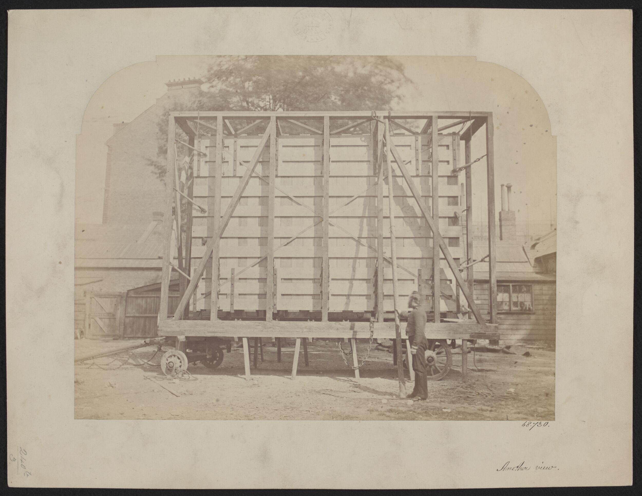 Side view of packing case and horse-drawn 'van'  for transport of Raphael Cartoons from Hampton Court to South Kensington Museum