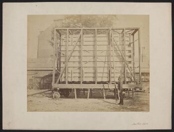 Side view of packing case and horse-drawn 'van' for transport of Raphael Cartoons from Hampton Court to South Kensington Museum