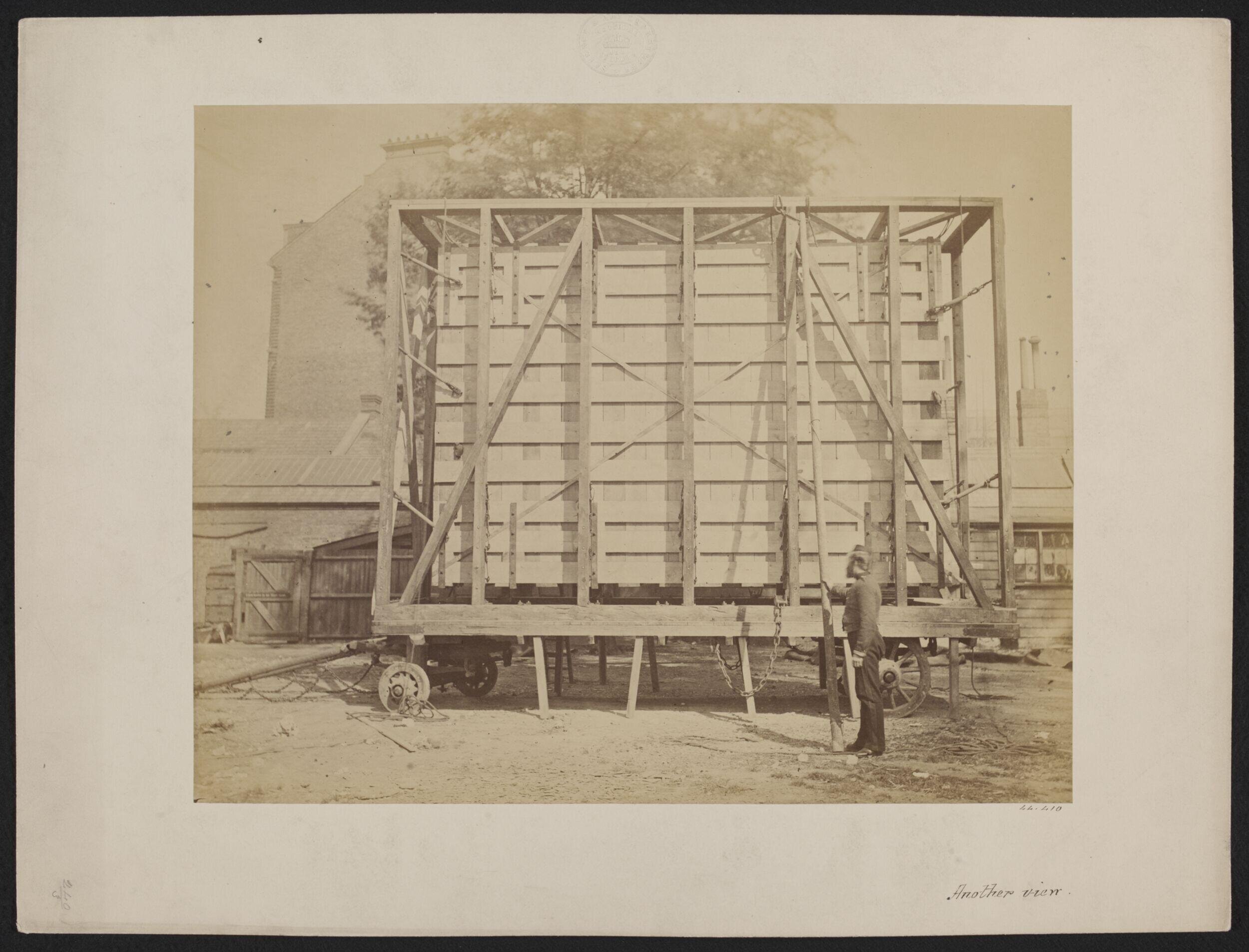 Side view of packing case and horse-drawn 'van' for transport of Raphael Cartoons from Hampton Court to South Kensington Museum