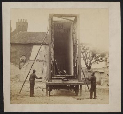 View of packing case and horse-drawn 'van' for transport of Raphael Cartoons from Hampton Court to South Kensington Museum