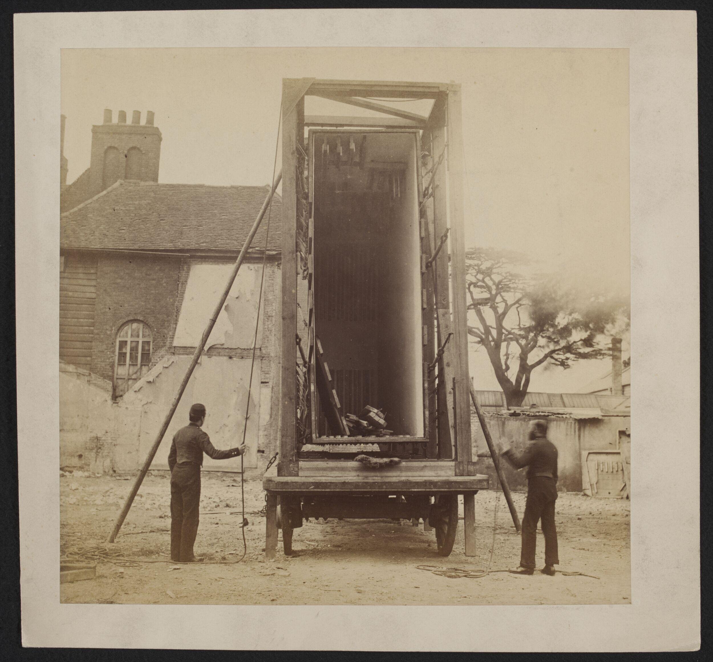 View of packing case and horse-drawn 'van' for transport of Raphael Cartoons from Hampton Court to South Kensington Museum
