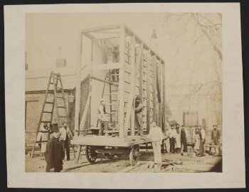 View of packing case and horse-drawn 'van' for transport of Raphael Cartoons from Hampton Court to South Kensington Museum