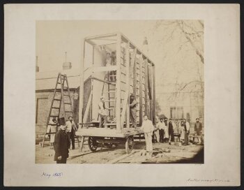 View of packing case and horse-drawn 'van' for transport of Raphael Cartoons from Hampton Court to South Kensington Museum