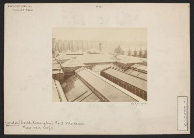 South Kensington Museum, looking north-west over the roofs of the South & North Courts, and the School of Building with Albert Hall and Albert Memorial in the distance