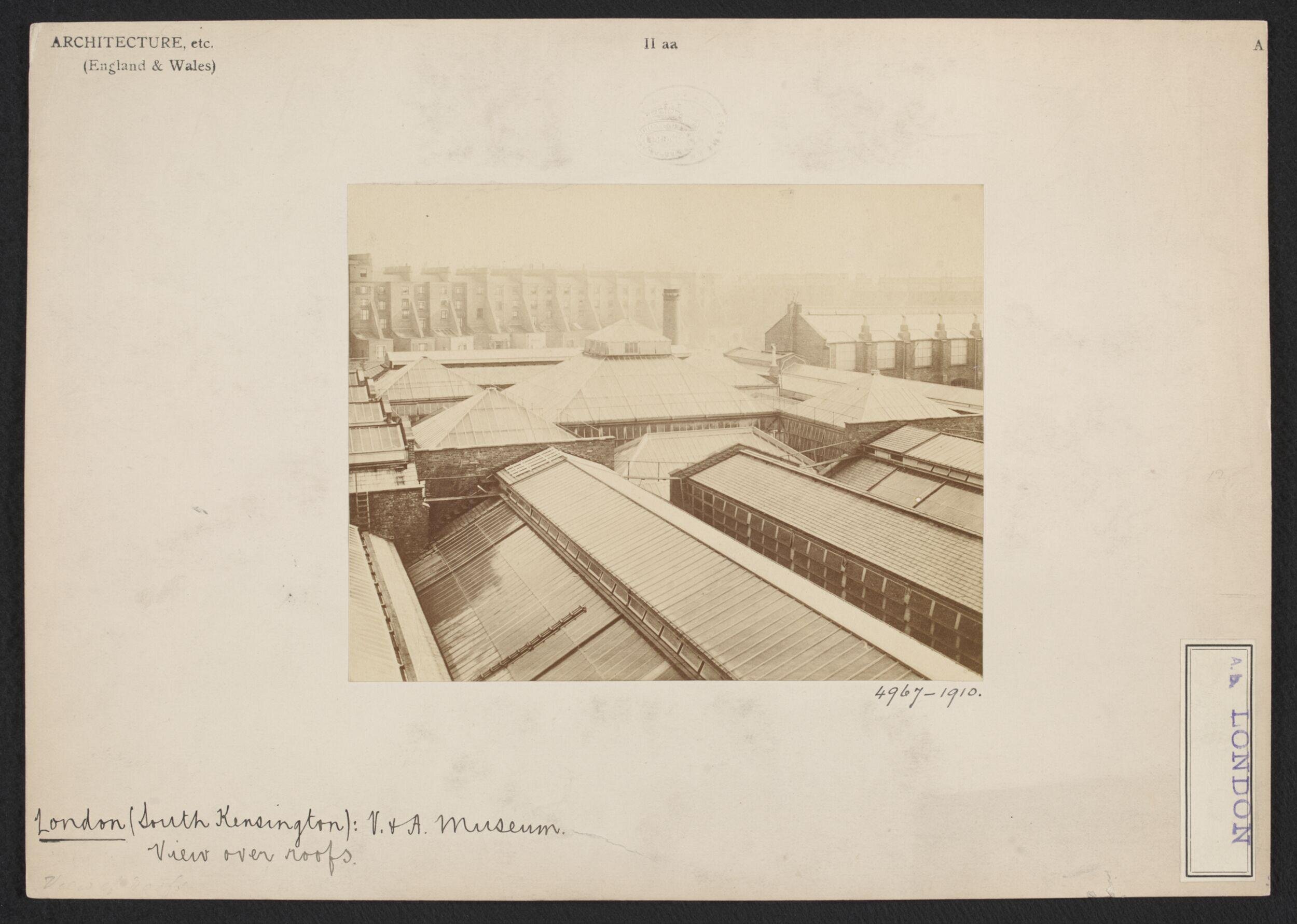South Kensington Museum, looking north-west over the roofs of the South & North Courts, and the School of Building with Albert Hall and Albert Memorial in the distance