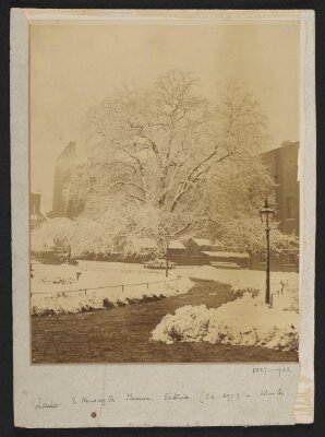 South Kensington Museum,gardens with snowfall, looking west with southern side of Library range on right