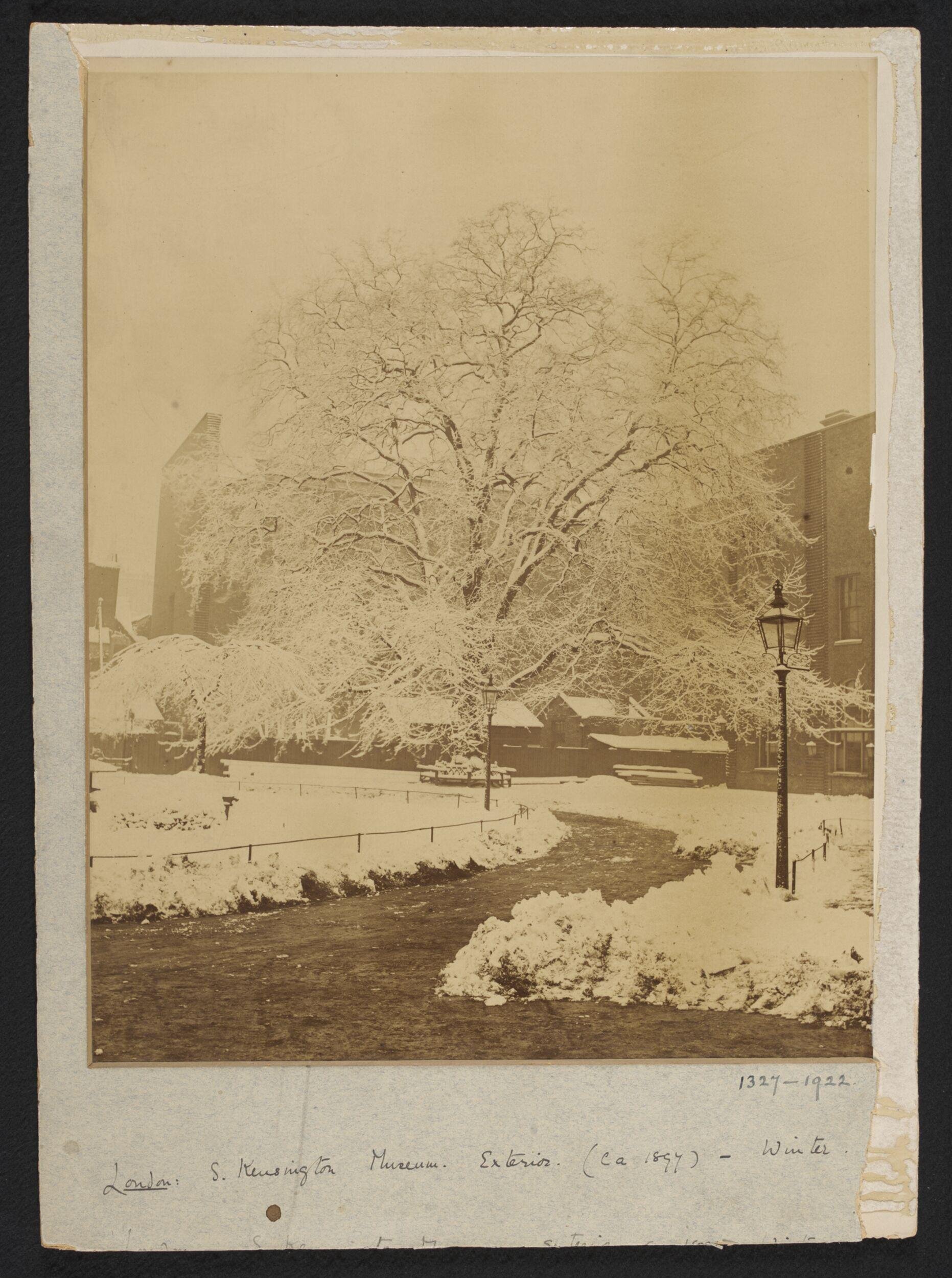 South Kensington Museum,gardens with snowfall, looking west with southern side of Library range on right