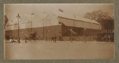 South Kensington Museum, Temporary wooden pavilion erected at the junction of Exhibition Road and Cromwell Road