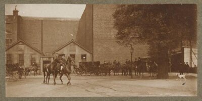 Entrance to the South Kensington Museum with Cast Courts and Royal Carriages waiting outside during the laying of the foundation stone
