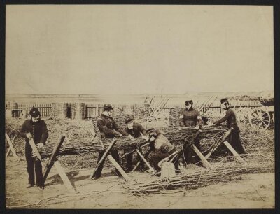 Sappers constructing a float (bridge?) for canvas pontoon boats