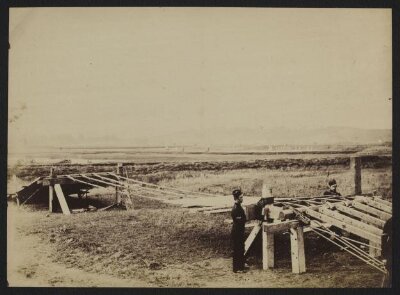 Sappers from the Royal Engineers testing a bridge design (part of Captain Fowke's pontoon project?)
