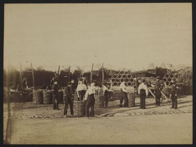 Sappers constructing wicker floats (?) for canvas pontoon boats