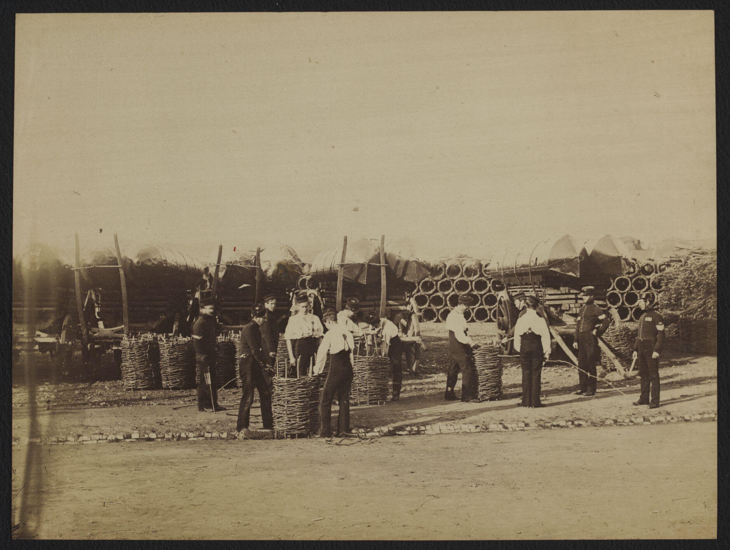 Sappers constructing wicker floats (?) for canvas pontoon boats