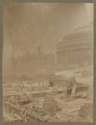 View of building works in front of the Royal Albert Hall (erecting the Albert Memorial?)