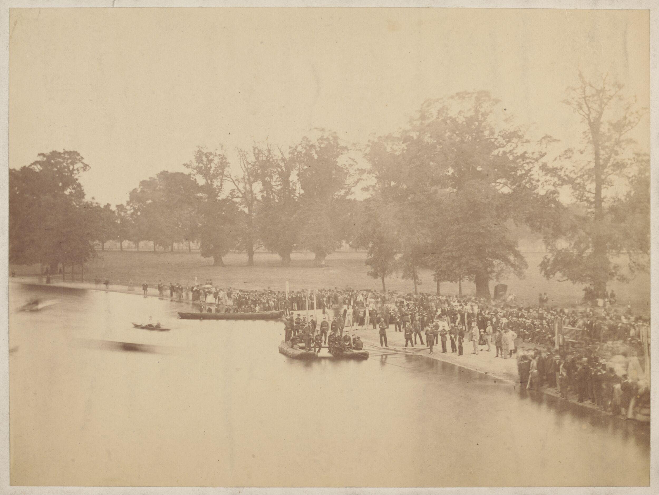 Sappers testing Captain Fowke's experimental pontoon, the Serpentine, Hyde Park