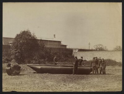 Sappers putting together Captain Fowke's design for a canvas pontoon boat