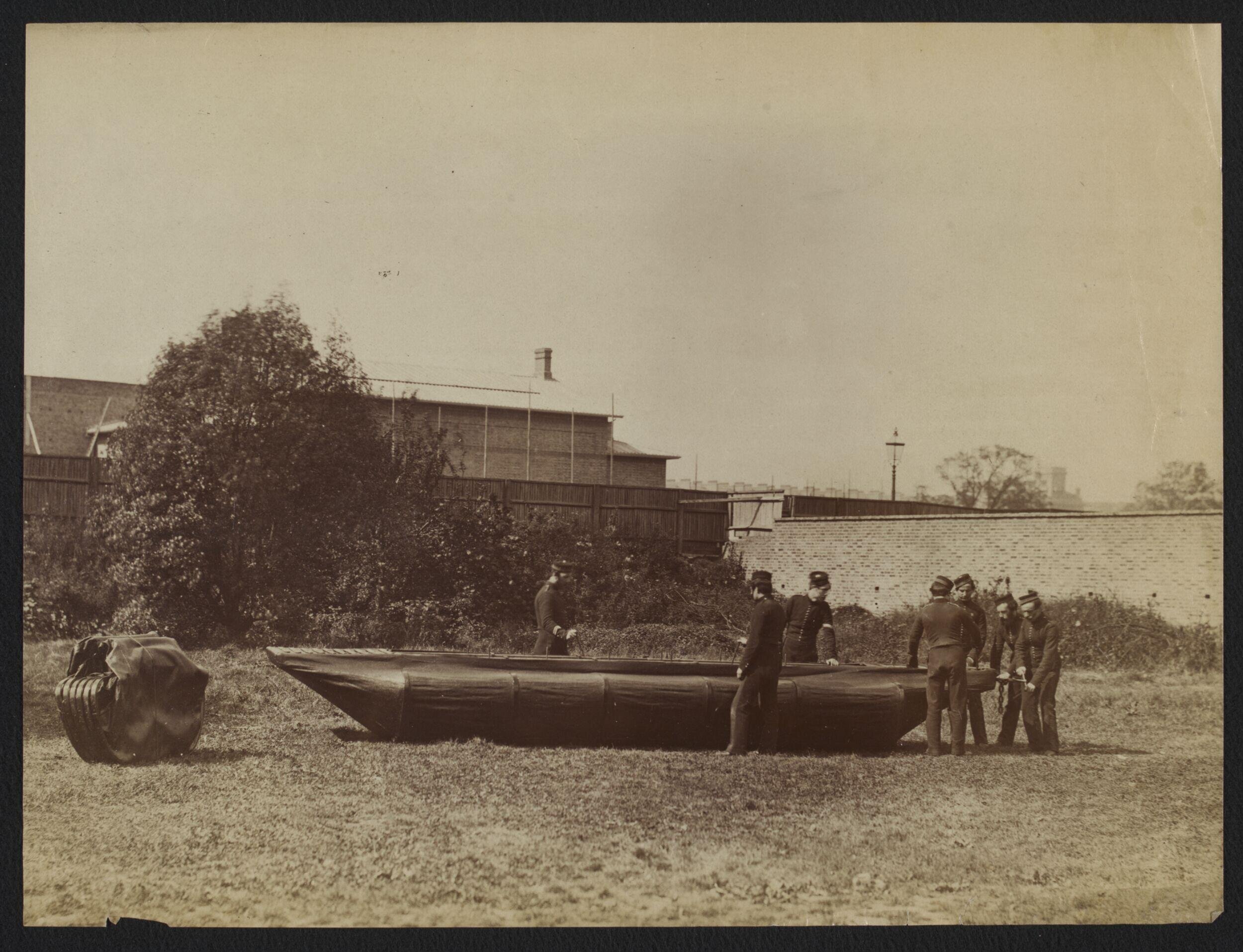 Sappers putting together Captain Fowke's design for a canvas pontoon boat