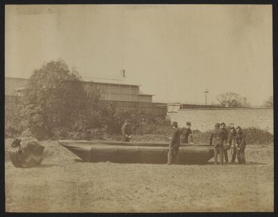 Sappers putting together Captain Fowke's design for a canvas pontoon boat