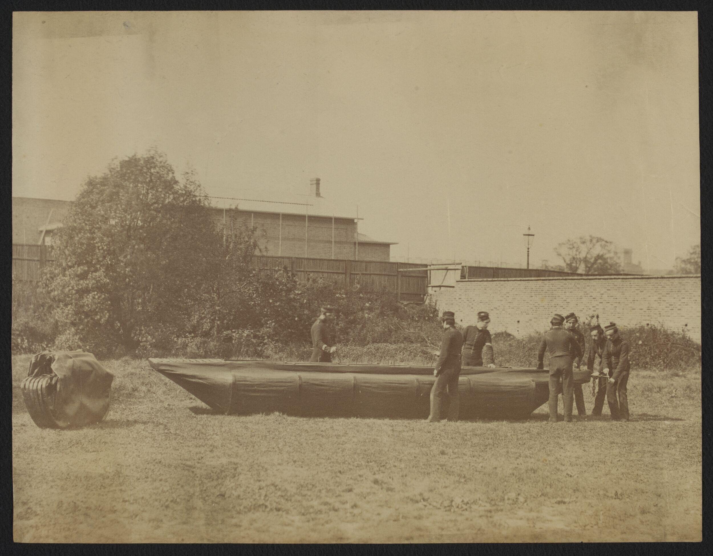 Sappers putting together Captain Fowke's design for a canvas pontoon boat