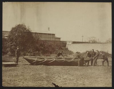 Sappers putting together Captain Fowke's design for a canvas pontoon boat