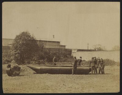 Sappers putting together Captain Fowke's design for a canvas pontoon boat