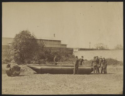 Sappers putting together Captain Fowke's design for a canvas pontoon boat