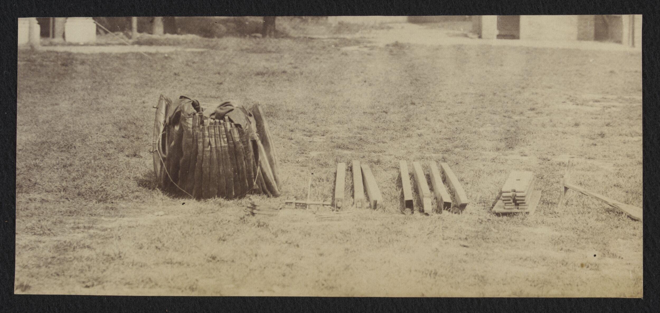South Kensington Museum, Captain Fowke's pontoon, photographed in collapsed state with additional parts and accessories