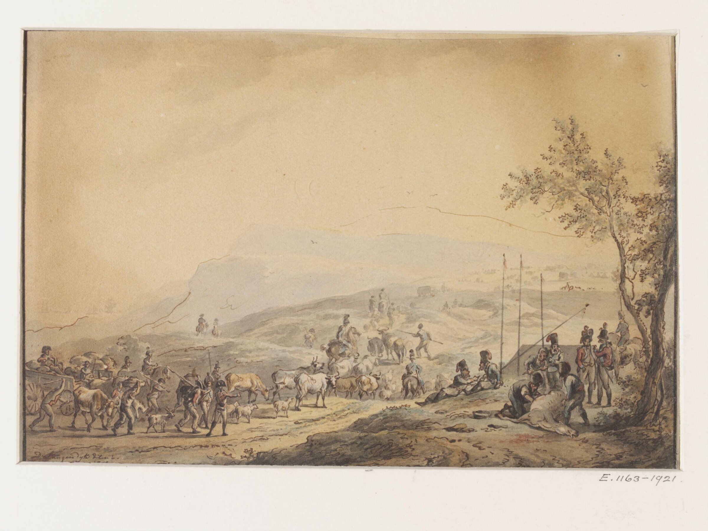 Coastal landscape with a military camp and soldiers driving cattle, Dirk Langendyk, 1799-1802