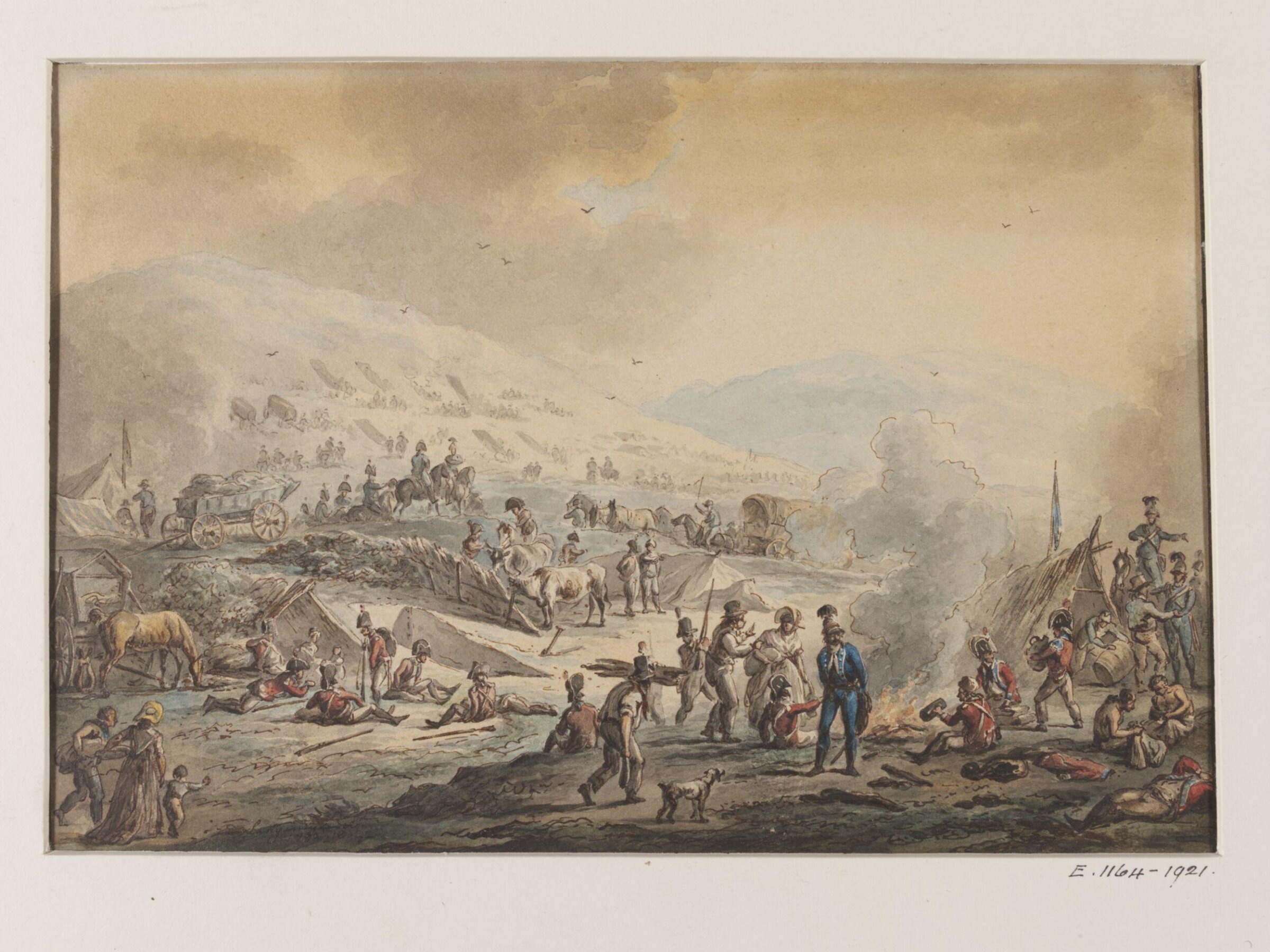 Mountain landscape with a military camp with soldiers beside a fire, and wagons and troops on a hill., Dirk Langendyk, 1799-1802