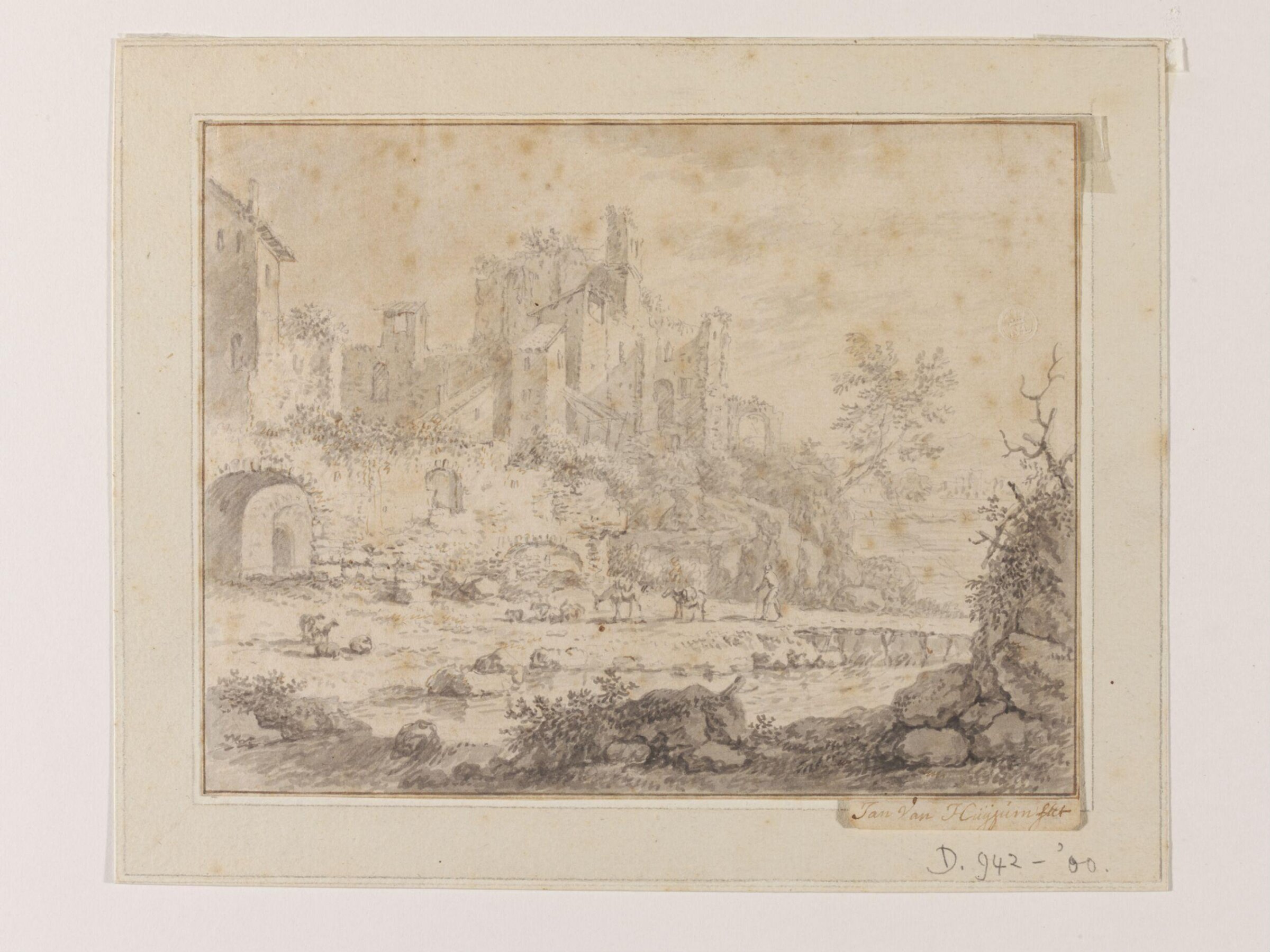 Italianate landscape with a ruined castle and a shepherd with his flock and two donkeys near a pond, Jan van Huijsum, early 18th century
