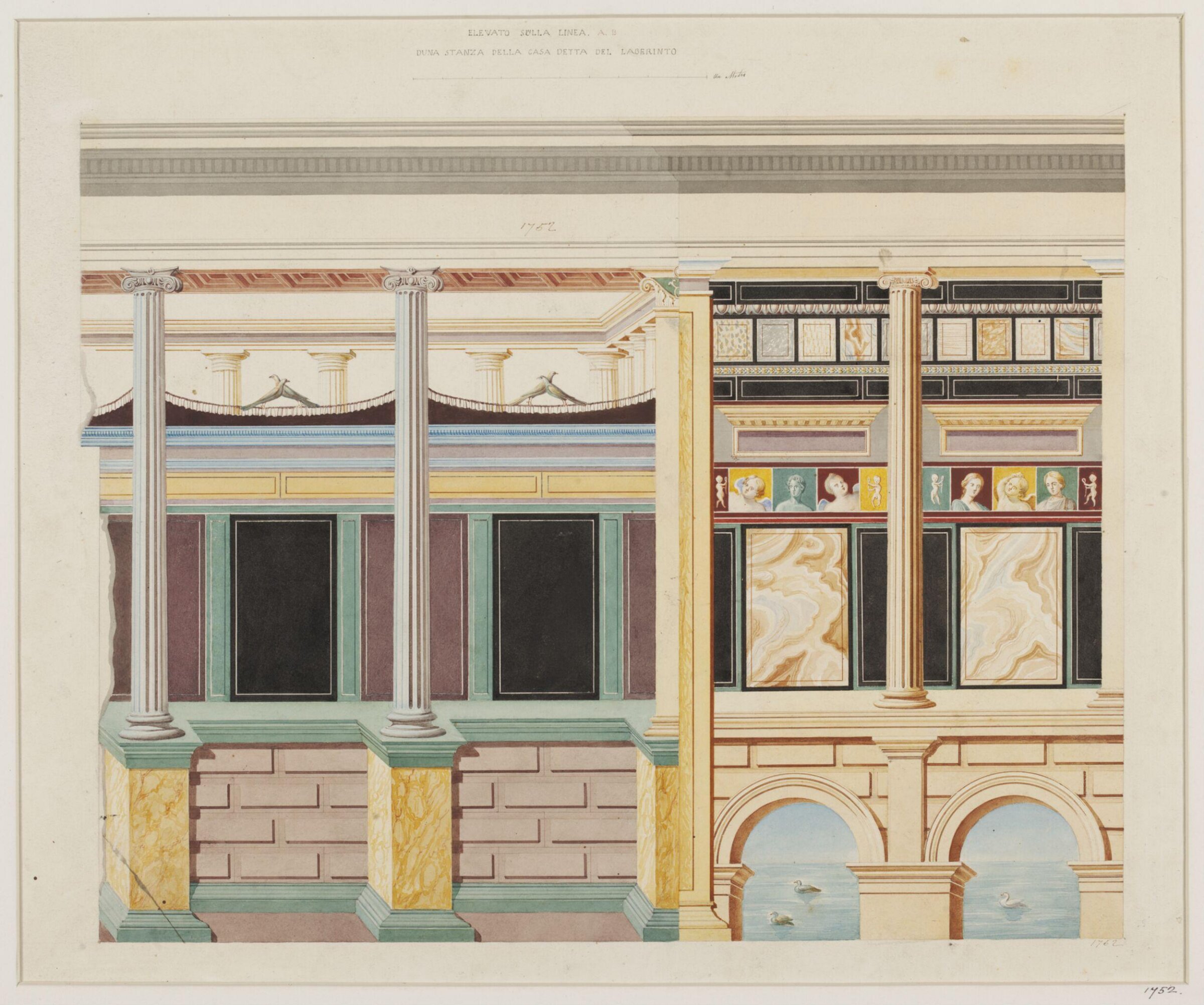 Copy of mural decoration from the House of the Labyrinth, Pompeii, Ludwig Wilhelm Heinrich Gruner, 19th century