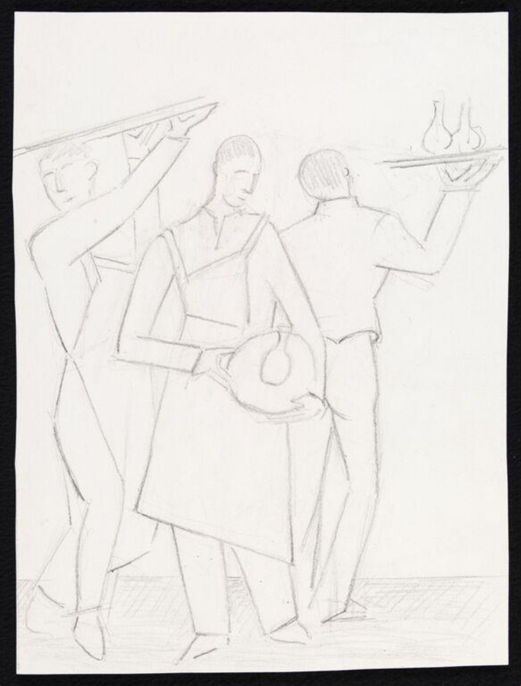 Sketch of three waiters holding trays, Geoffrey Houghton Brown, 1928