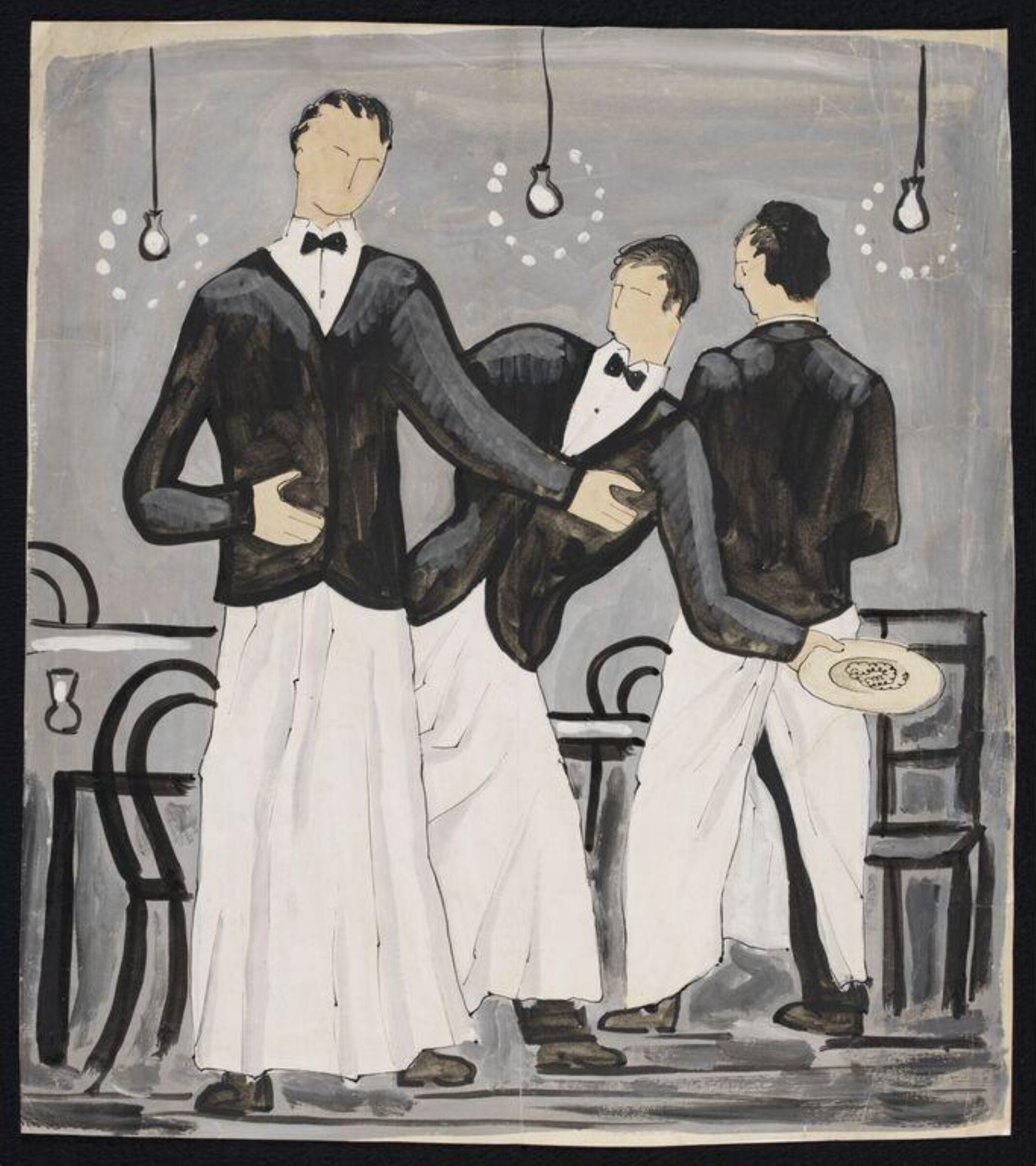 Design of three waiters serving in a cafe, Geoffrey Houghton Brown, 1928