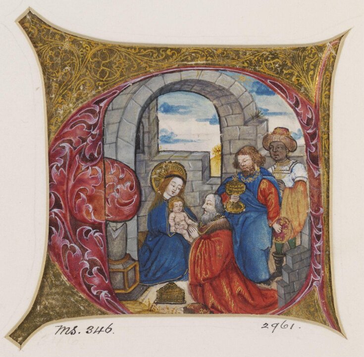 Historiated initial with Adoration of the Magi top image