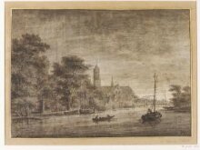 View of Loenen Aan de Vecht in evening, seen from the south, with the church of st Ludgerus beyond trees thumbnail 1