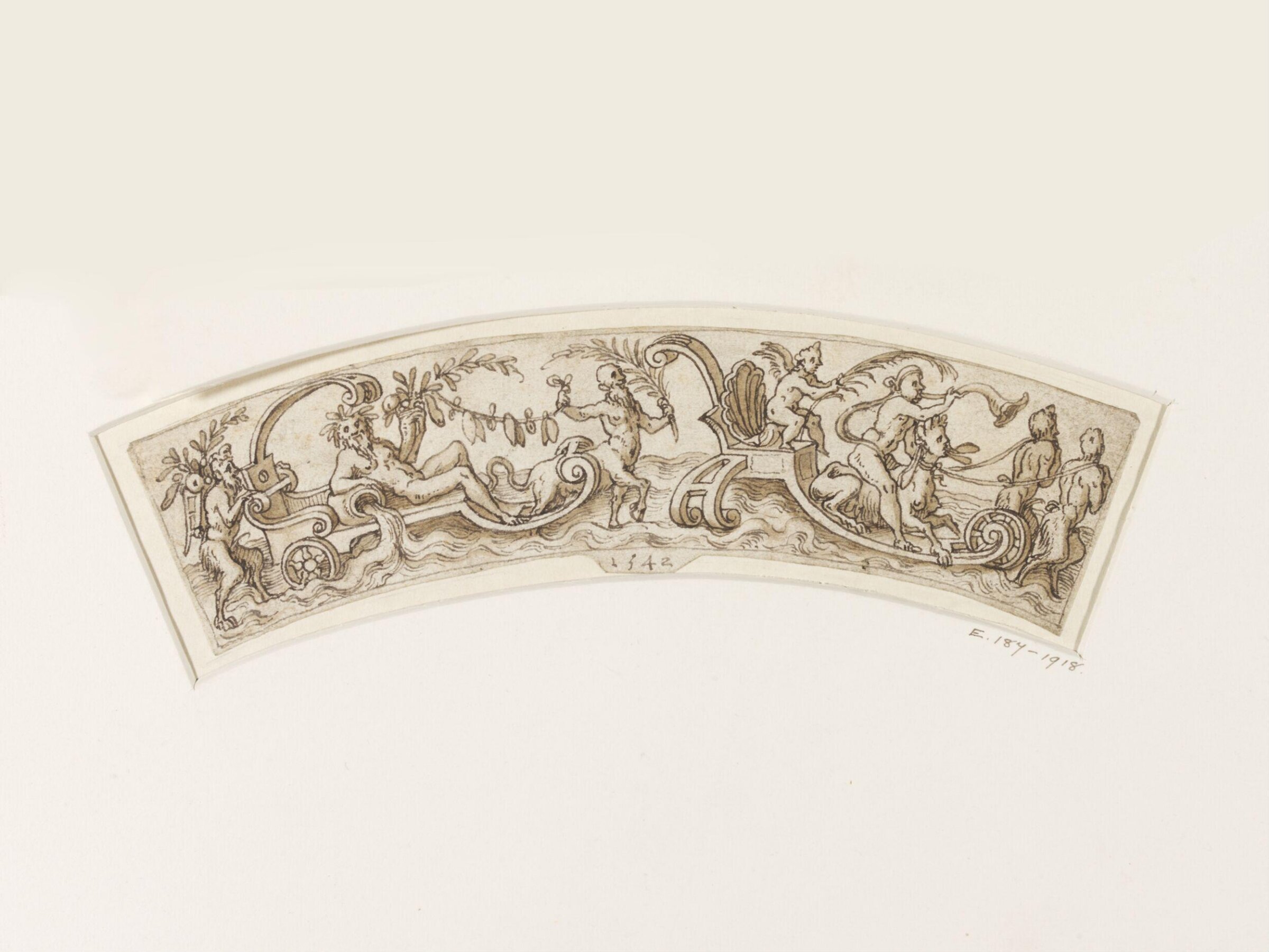 Design for a Circular Border with Grotesque Ornament and Mythical Sea Creatures (Satyr, River God, Centaur and Sphinx), Cornelis II Floris, 1542