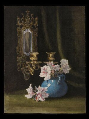 Still life study of a blue vase with pink and white pelargoniums and double wall sconce