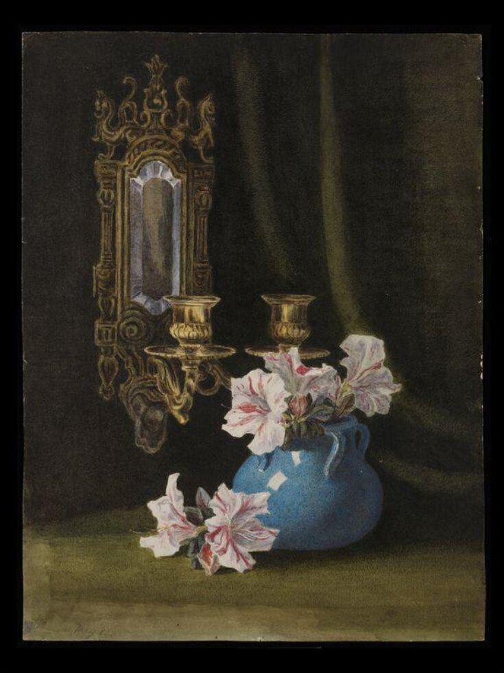 Still life study of a blue vase with pink and white pelargoniums and double wall sconce top image