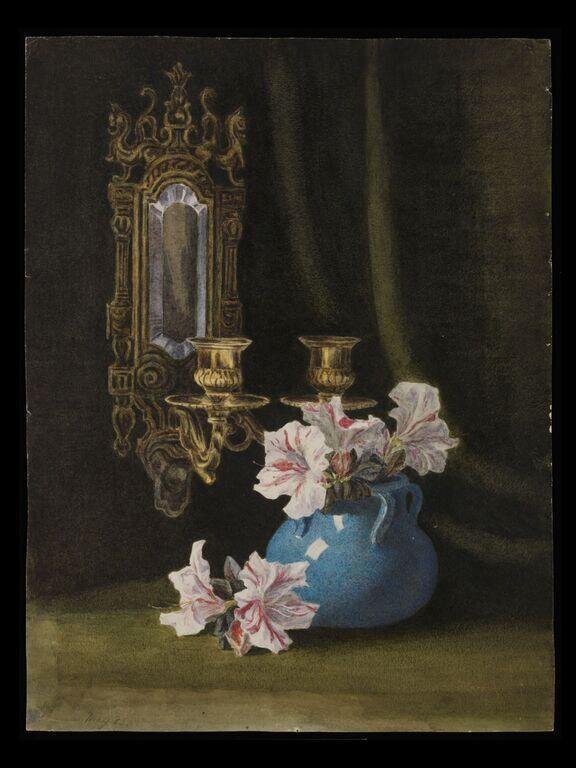 Still life study of a blue vase with pink and white pelargoniums and double wall sconce