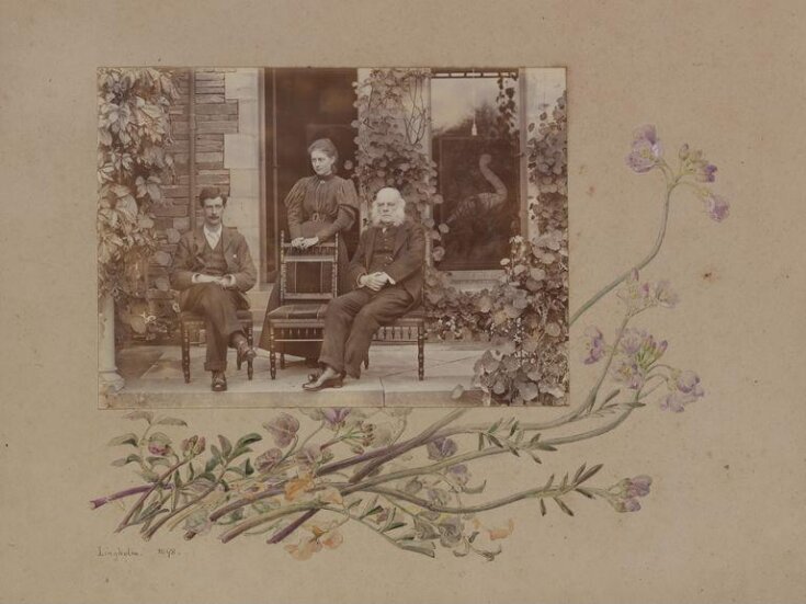 Photograph of Bertram, Beatrix and Rupert Potter with partial border design of yellow and purple flowers top image